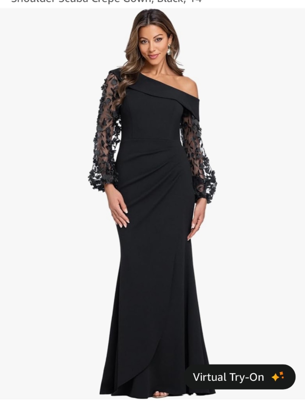 Xscape Assymetrical Black Scuba Crepe Dress with Flower Appliqué on Sleeves